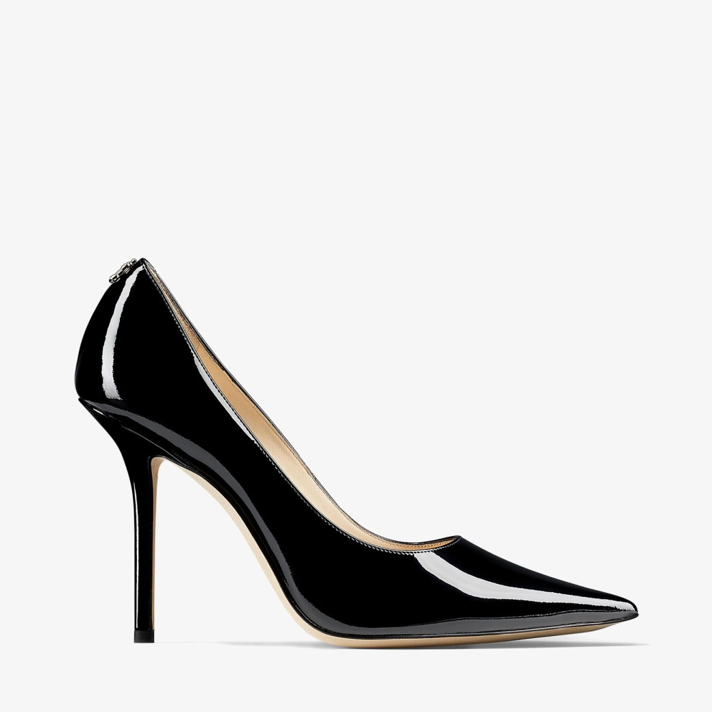 Jimmy Choo, Love 100 Black Patent Leather Pointed-Toe Pumps with JC Emblem