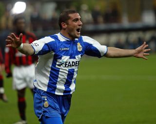 Walter Pandiani celebrates a goal for Deportivo La Coruña against AC Milan in the Champions League in March 2004.