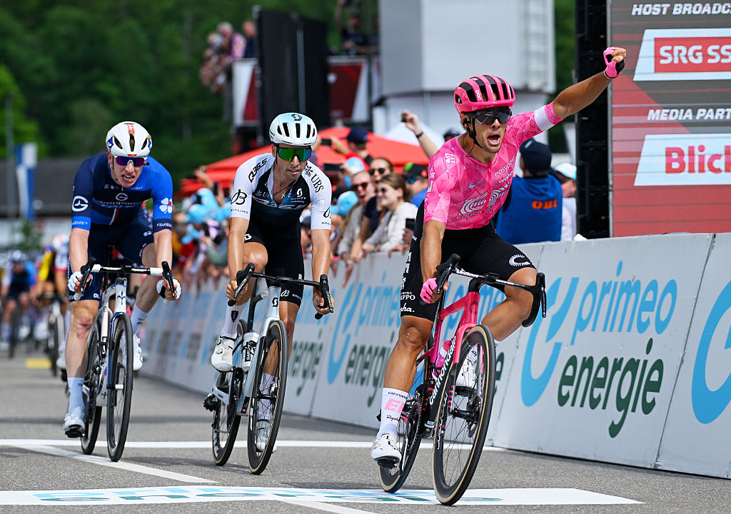 Vincenzo Albanese celebrates his stage victory at the Tour de Suisse