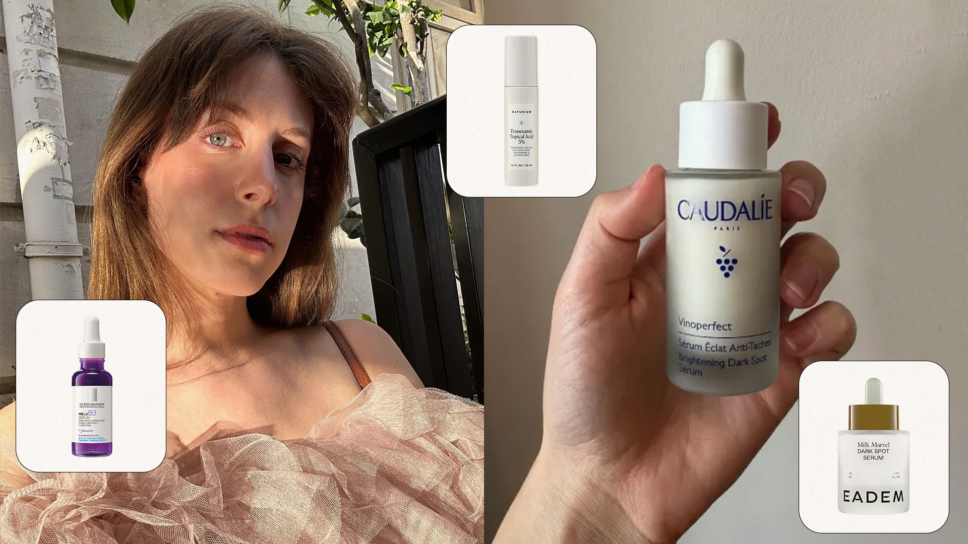 Collage of Jamie Schneider testing the best brightening serums.