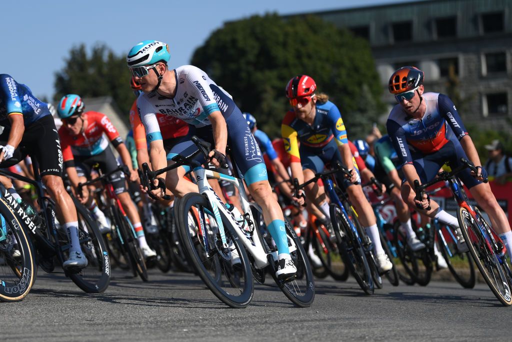 MONTREAL QUEBEC SEPTEMBER 15 Matej Mohoric of Slovenia and Team Bahrain Victorious competes during the 13th Grand Prix Cycliste de Montreal 2024 a 2091km one day race from Montreal to Montreal UCIWT on September 15 2024 in Montreal Quebec Photo by Alex BroadwayGetty Images