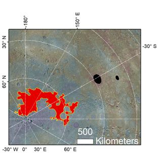 a map showing the cratered surface of a planet and a large red area denoting where glaciers of salt can be found near Mercury's north pole