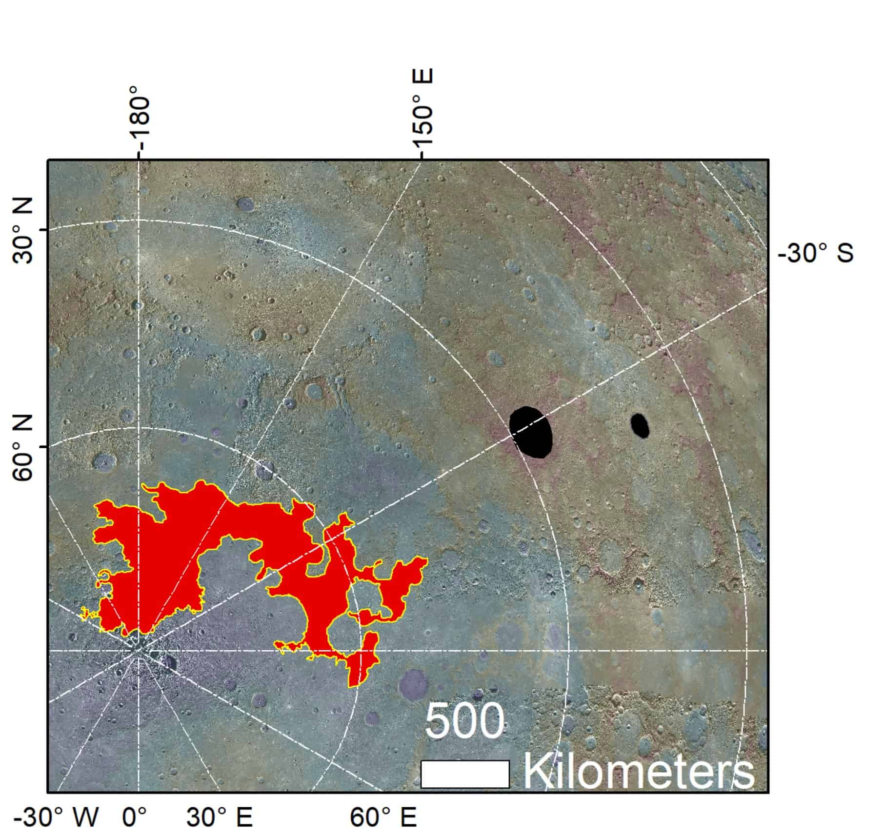 a map showing the cratered surface of a planet and a large red area denoting where glaciers of salt can be found near Mercury's north pole