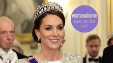 Catherine, Princess of Wales smiles, wearing a tiara, during the State Banquet at Buckingham Palace on November 22, 2022