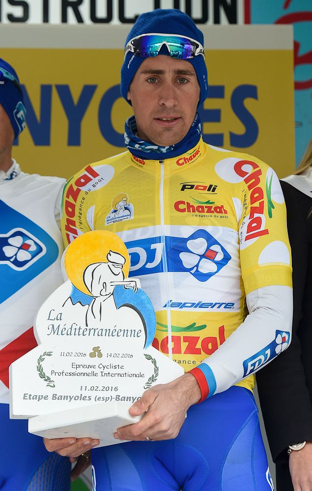 Mathieu Ladagnous of FDJ on the podium, after winning the Team Time Trial on day one of the tour of 'La Mediterraneenne'