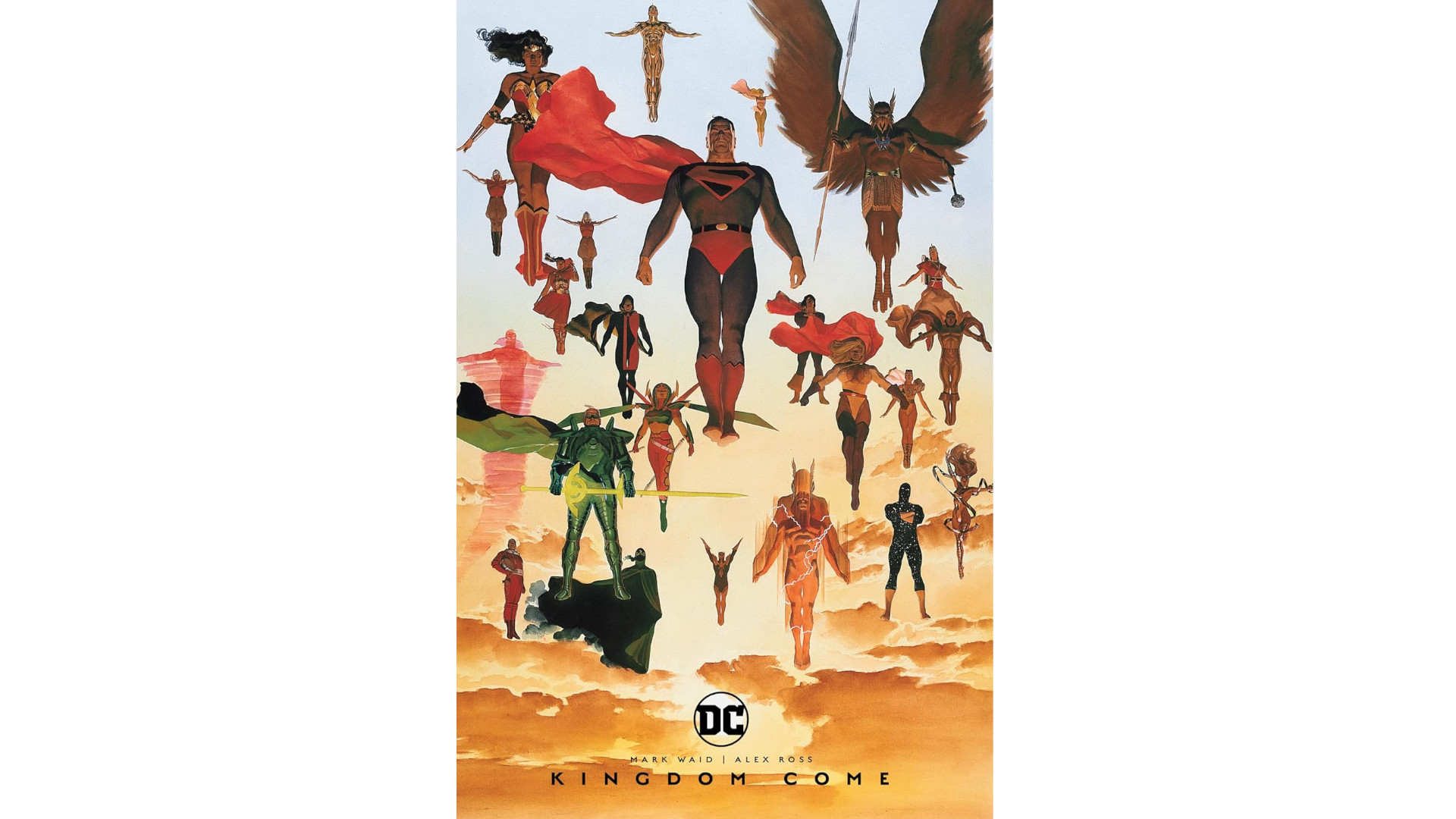 Superman and a bunch of other famous DC characters flying in the sky during a sunset on the cover of the Kingdom Come comic.