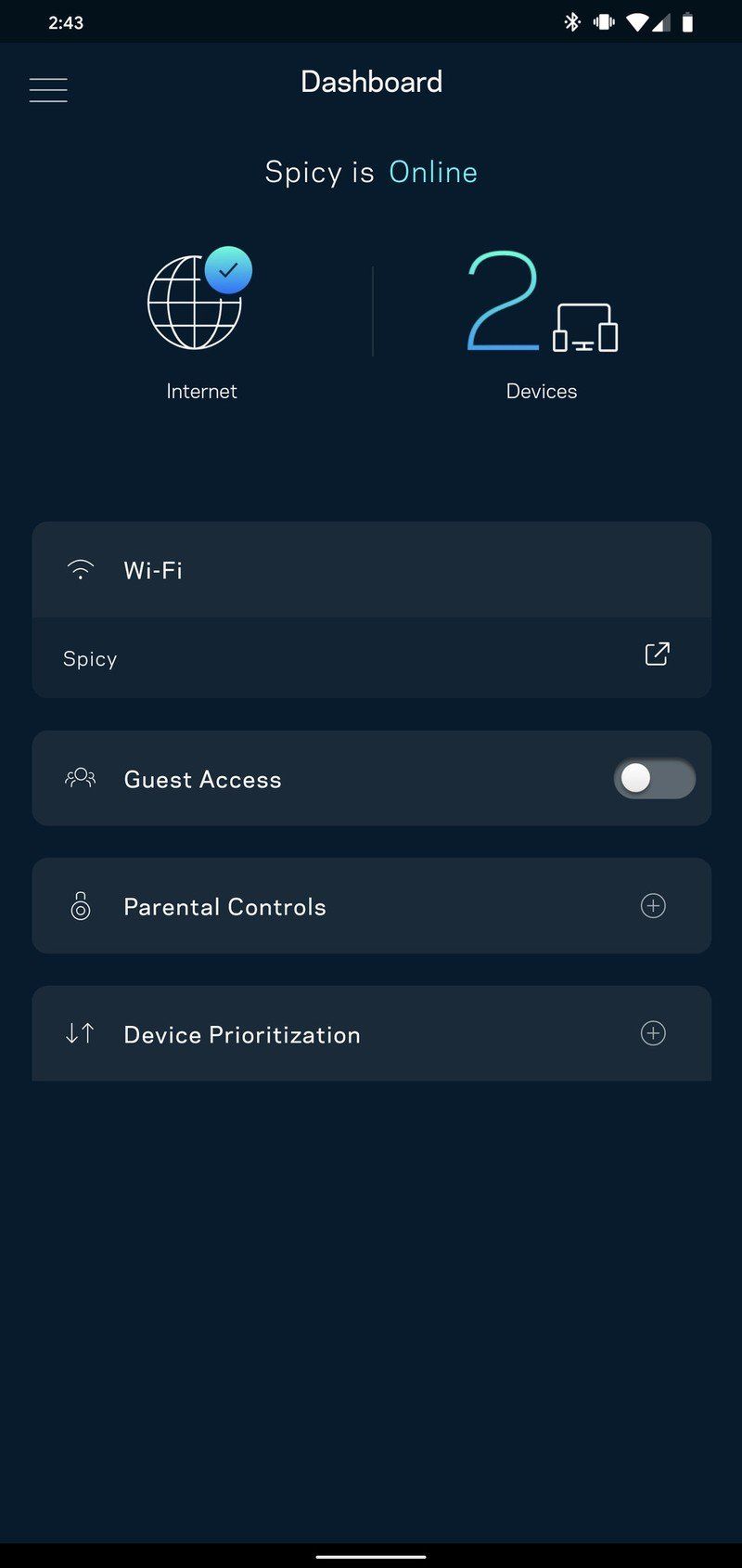Linksys App Home Screen