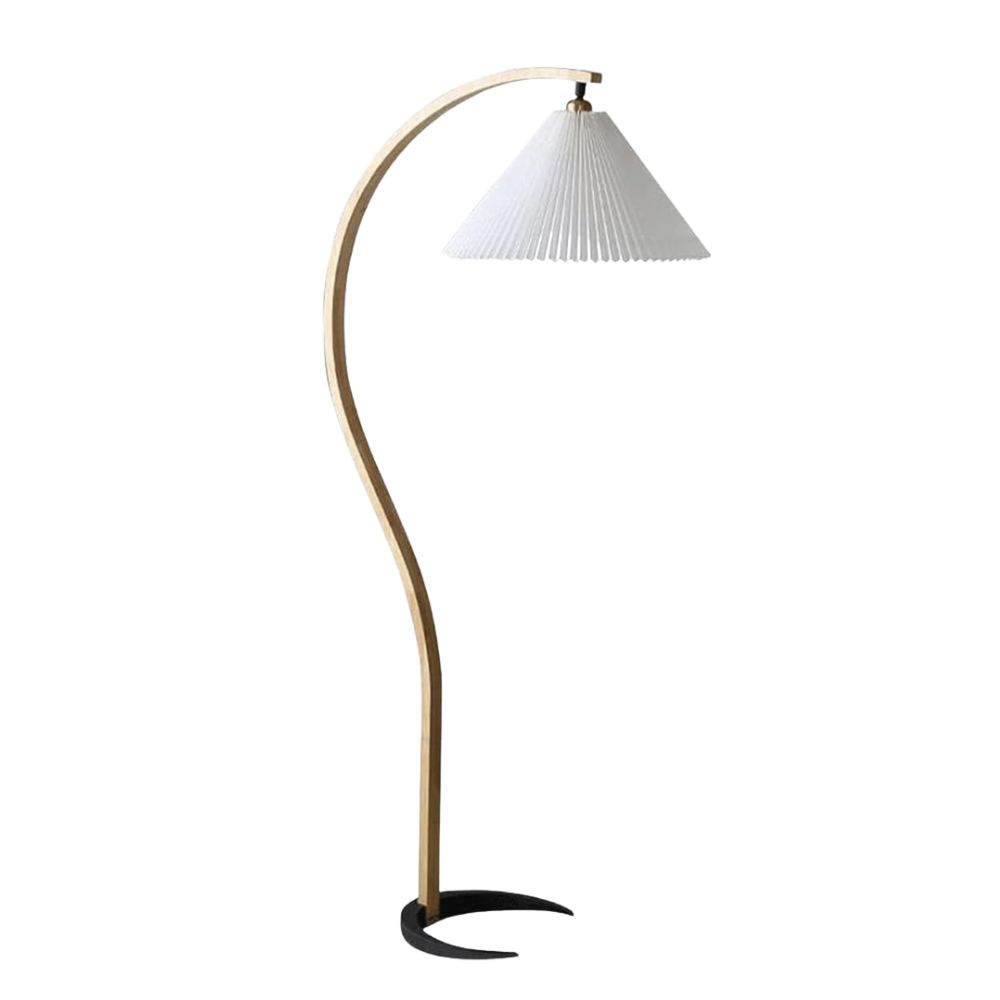 Curved wooden floor lamp with white pleated shade