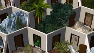 a computer generated image of interlocking hexagonal rooms with different natural environments inside