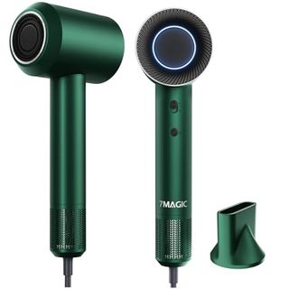 7magic High-Speed Hair Dryer With 110,000rpm Brushless Motor for Fast Drying, Low Noise Blow Dryer With Tri-Colour Led Light Ring, 1400w Ionic Hair Dryer for Home and Travel, Magnetic Nozzle, Green