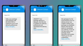 Three phones on a blue and green background showing scam 'missed parcel' SMS text messages