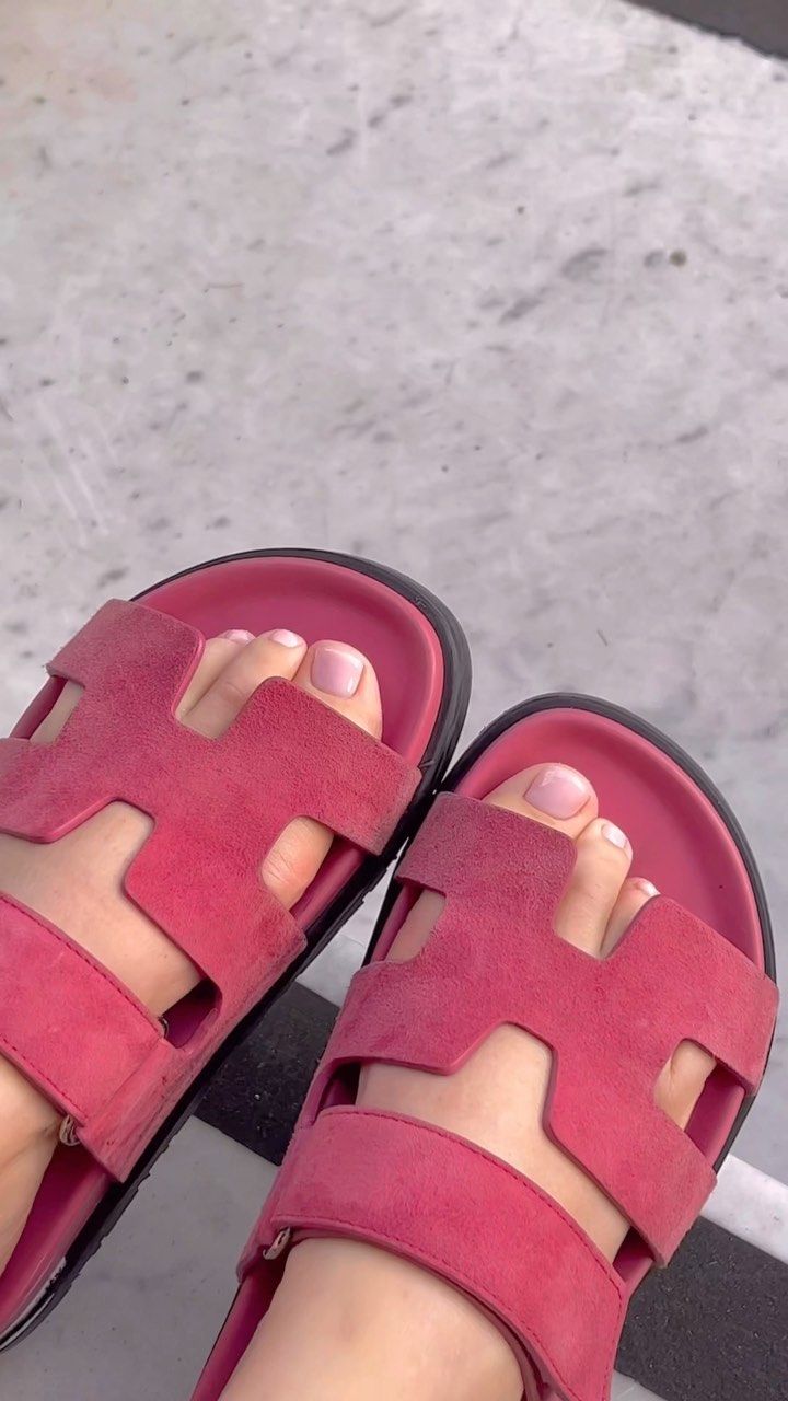 Pink French pedicure with hermes sandals