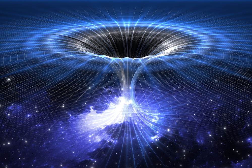 Artist's concept of a wormhole. If wormholes exist, they might lead to another universe. But, there's no evidence that wormholes are real or that a black hole would act like one.