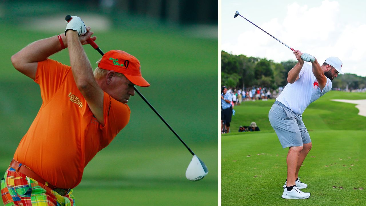 Jon Daly and Jon Rahm at the top of their golf backswing in very different positions