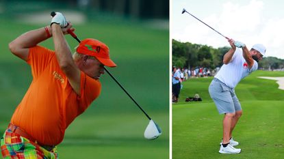 Jon Daly and Jon Rahm at the top of their golf backswing in very different positions