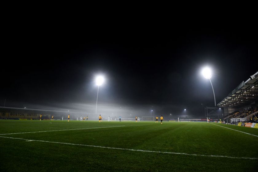 A general view as fog sits above The Jakemans Community Stadium prior to kick off during the National League Cup match between Boston United and Newcastle United U21 at The Jakemans Community Stadium, Boston, on December 03, 2024 in Boston, England.