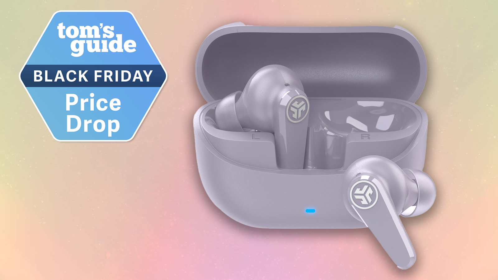 the jlab go pods anc in purple on a pink background with a tom's guide black friday deal badge