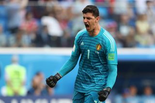 Thibaut Courtois celebrates after Belgium's second goal against England in the 2018 World Cup's third-place match.