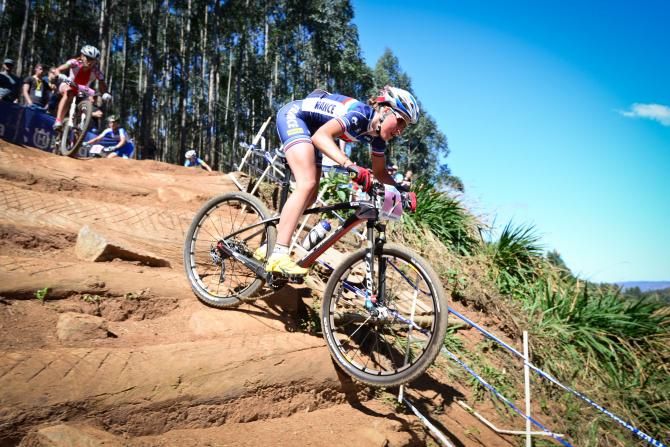Julie Bresset of France makes light work of the tricky Sharka's Playground section of the cross country course
