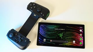 Image of the Razer Edge and Kishi V2 Pro lying on a table, disconnected.