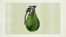 Photo collage of an avocado with a grenade pin and handle on it.