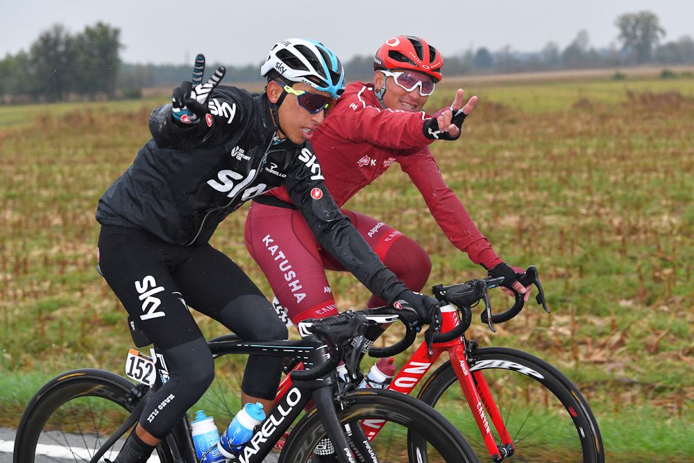 Egan Arley Bernal and Jhonatan Restrepo ride during Gran Piemonte