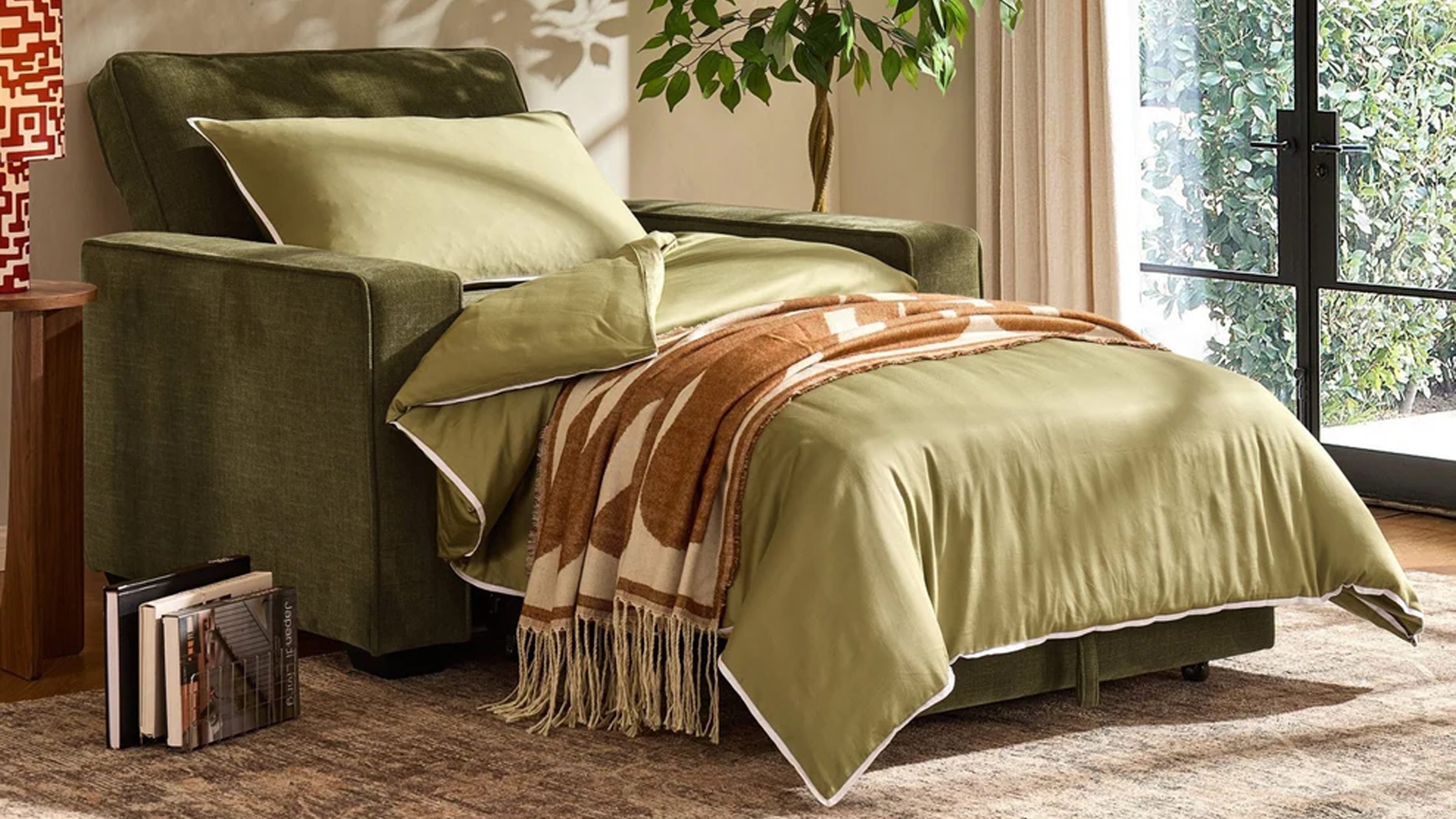 DUSK Soho Chair Bed in olive green chenille upholstery