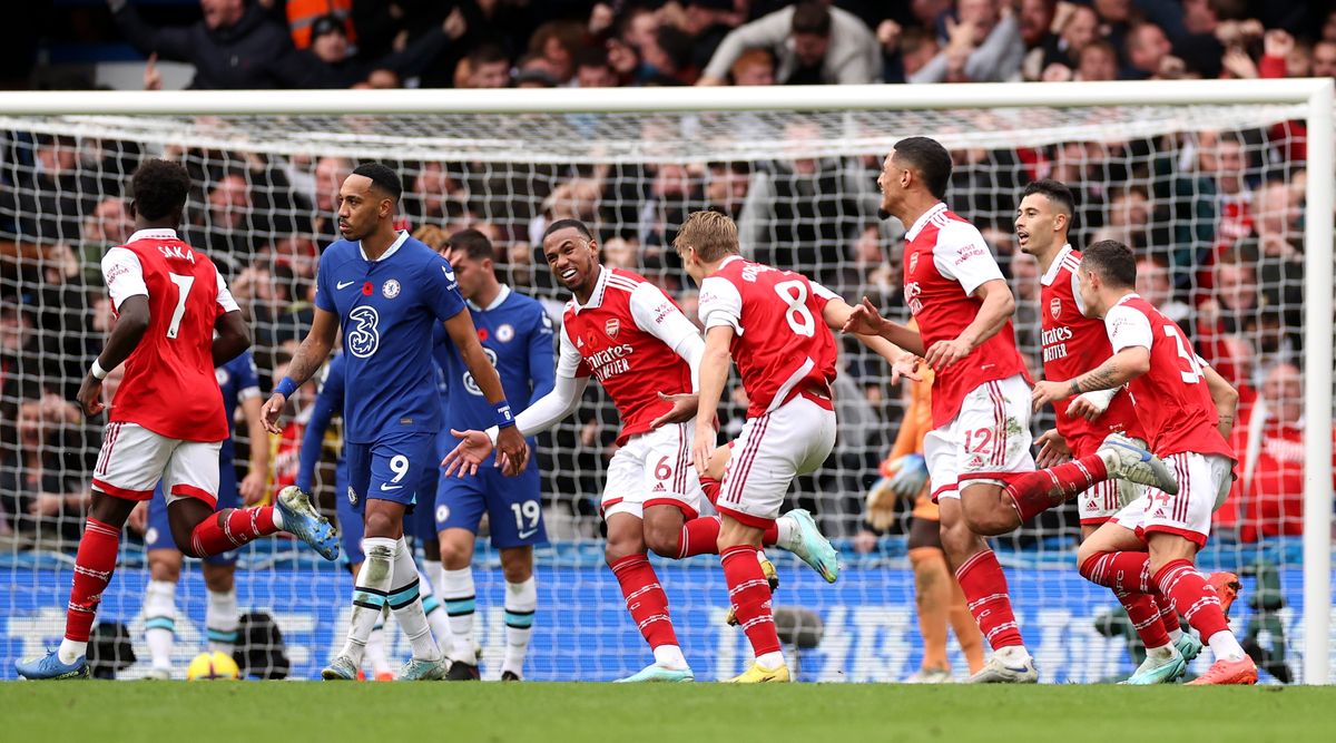 Arsenal defender Gabriel celebrates after scoring his team&#039;s winning goal in the Premier League match between Chelsea and Arsenal on 6 November, 2022 at Stamford Bridge, London, United Kingdom