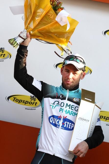 Stage 2 winner Mark Cavendish on the podium.
