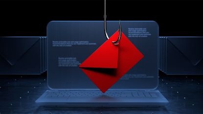 Phishing concept image showing a red-colored email symbol with a hook placed through it dangling over a laptop computer.