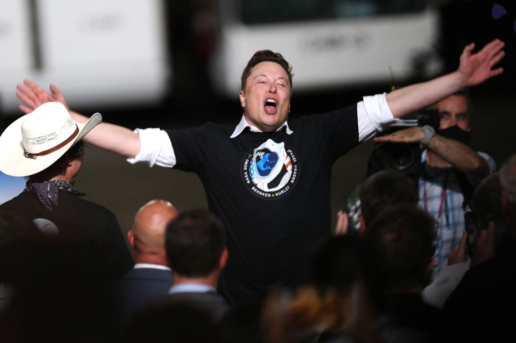 SpaceX founder Elon Musk celebrates after the successful launch of the Crew Dragon Demo-2 mission at NASA&#039;s Kennedy Space Center in Florida, on May 30, 2020.