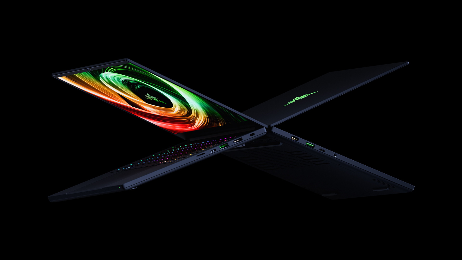 Razer Blade 14 gaming laptop slightly open against a black backdrop