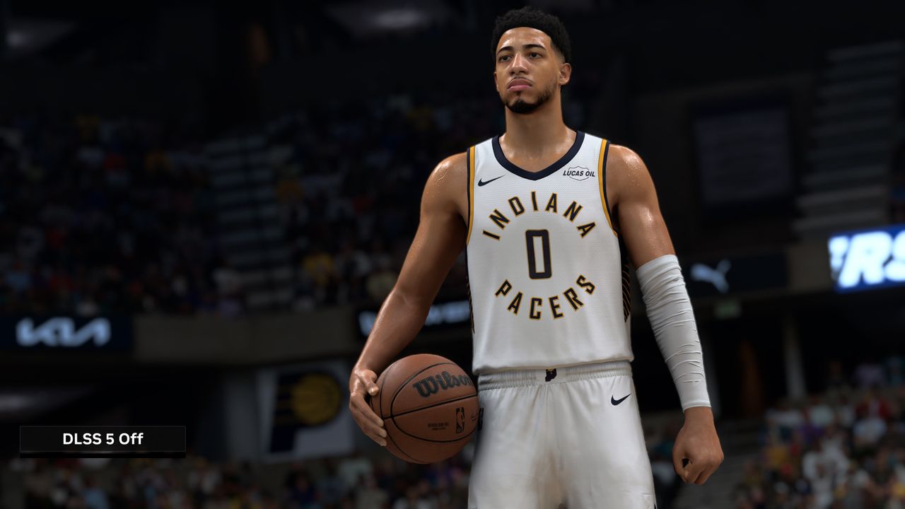 A shot of a basketball player in NBA 2K27 with DLSS 5 turned off