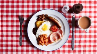 fry up on a red checked table cloth