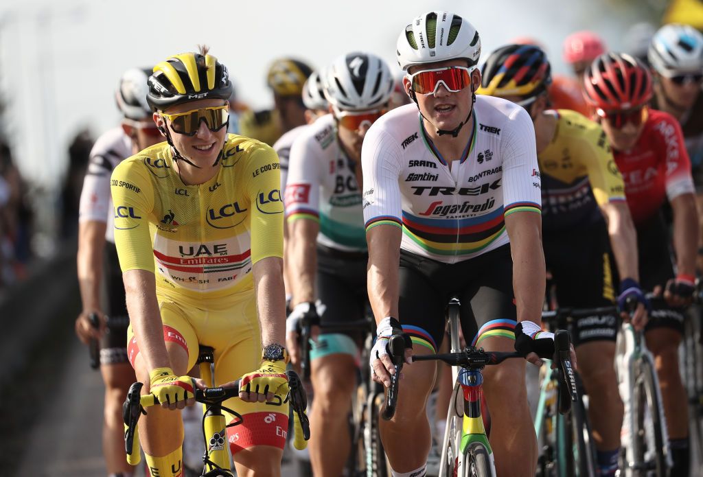 Team UAE Emirates rider Slovenias Tadej Pogacar wearing the overall leaders yellow jersey rides with Team Trek rider Denmarks Mads Pedersen during the 21st and last stage of the 107th edition of the Tour de France cycling race 122 km between ManteslaJolie and Champs Elysees Paris on September 20 2020 Photo by KENZO TRIBOUILLARD AFP Photo by KENZO TRIBOUILLARDAFP via Getty Images