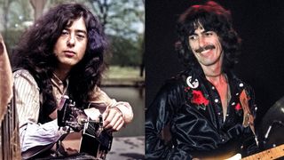 LEFT: Jimmy Page photographed in January 1970. RIGHT: SAN George Harrison performs onstage during his Dark Horse Tour in 1974 in San Francisco, California. 