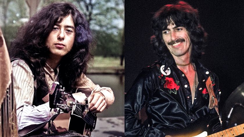LEFT: Jimmy Page photographed in January 1970. RIGHT: SAN George Harrison performs onstage during his Dark Horse Tour in 1974 in San Francisco, California. 