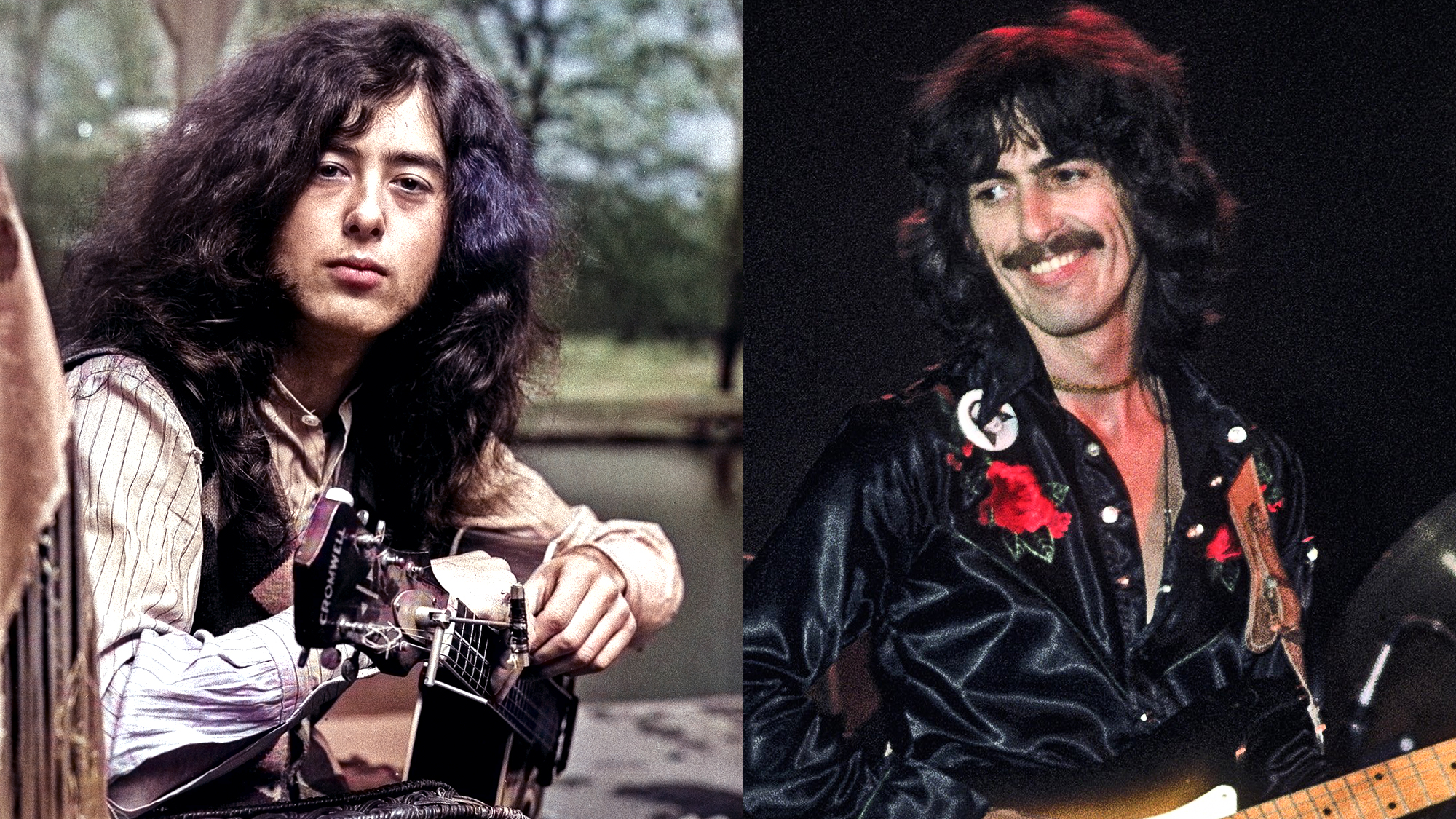 LEFT: Jimmy Page photographed in January 1970. RIGHT: SAN George Harrison performs onstage during his Dark Horse Tour in 1974 in San Francisco, California. 