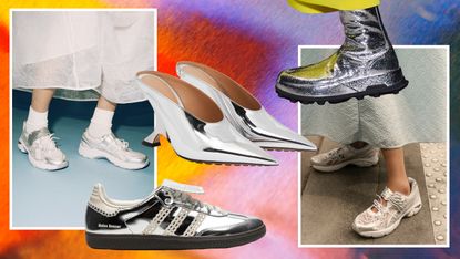Graphic of silver sneakers, silver mules, and silver boots.