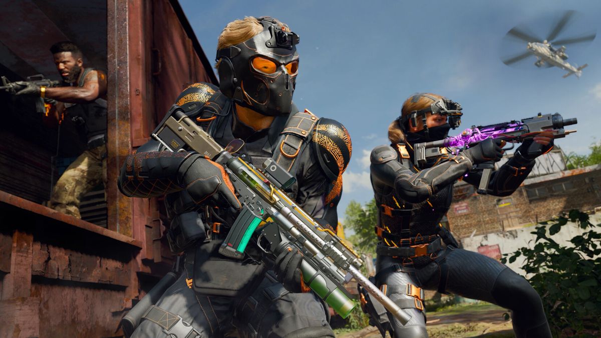 Black Ops 6 Mastery Camo unlock - three soldiers holding colourful guns with a helicopter flying overhead