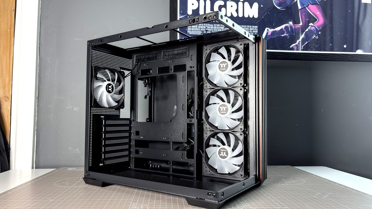 The Thermaltake View 380 WS ARGB on a desk with various components fitted.
