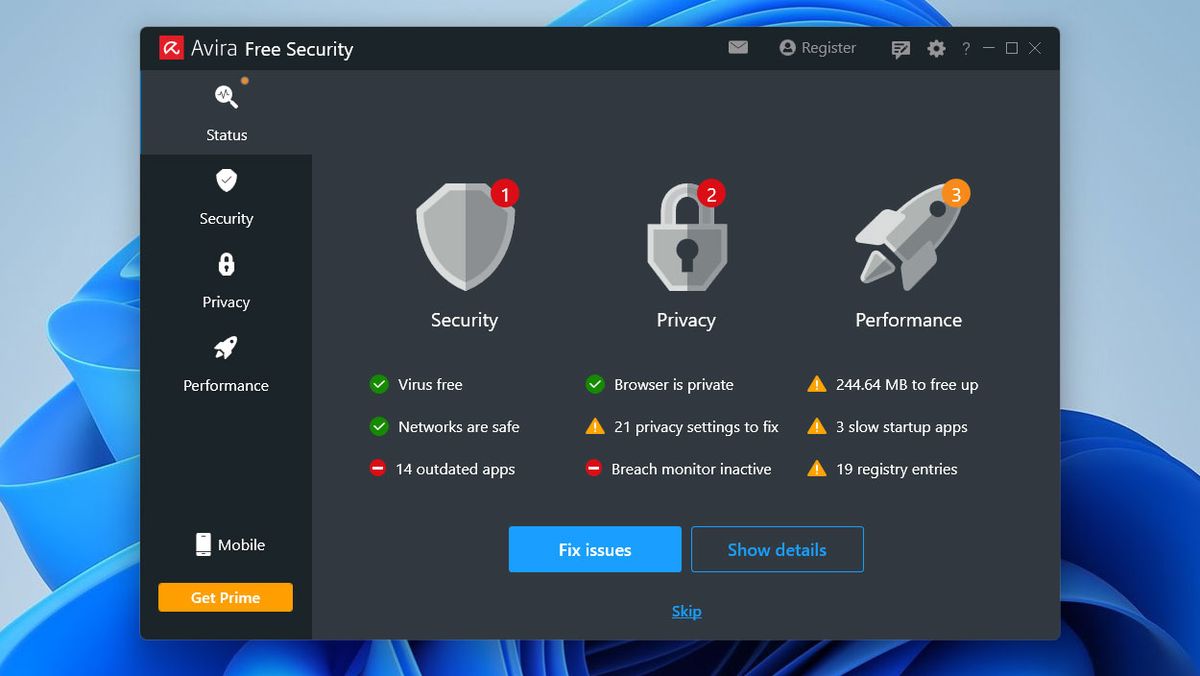 A screenshot of Avira Free Security&amp;#039;s main dashboard