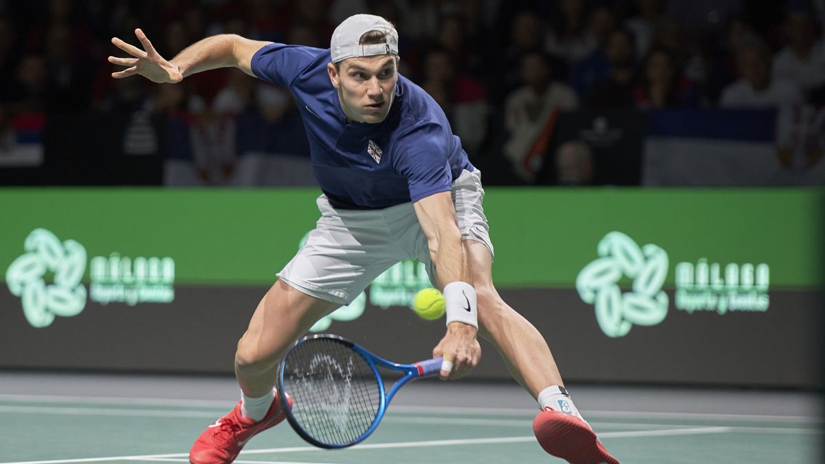 Jack Draper plays a low backhand at the Davis Cup Finals.