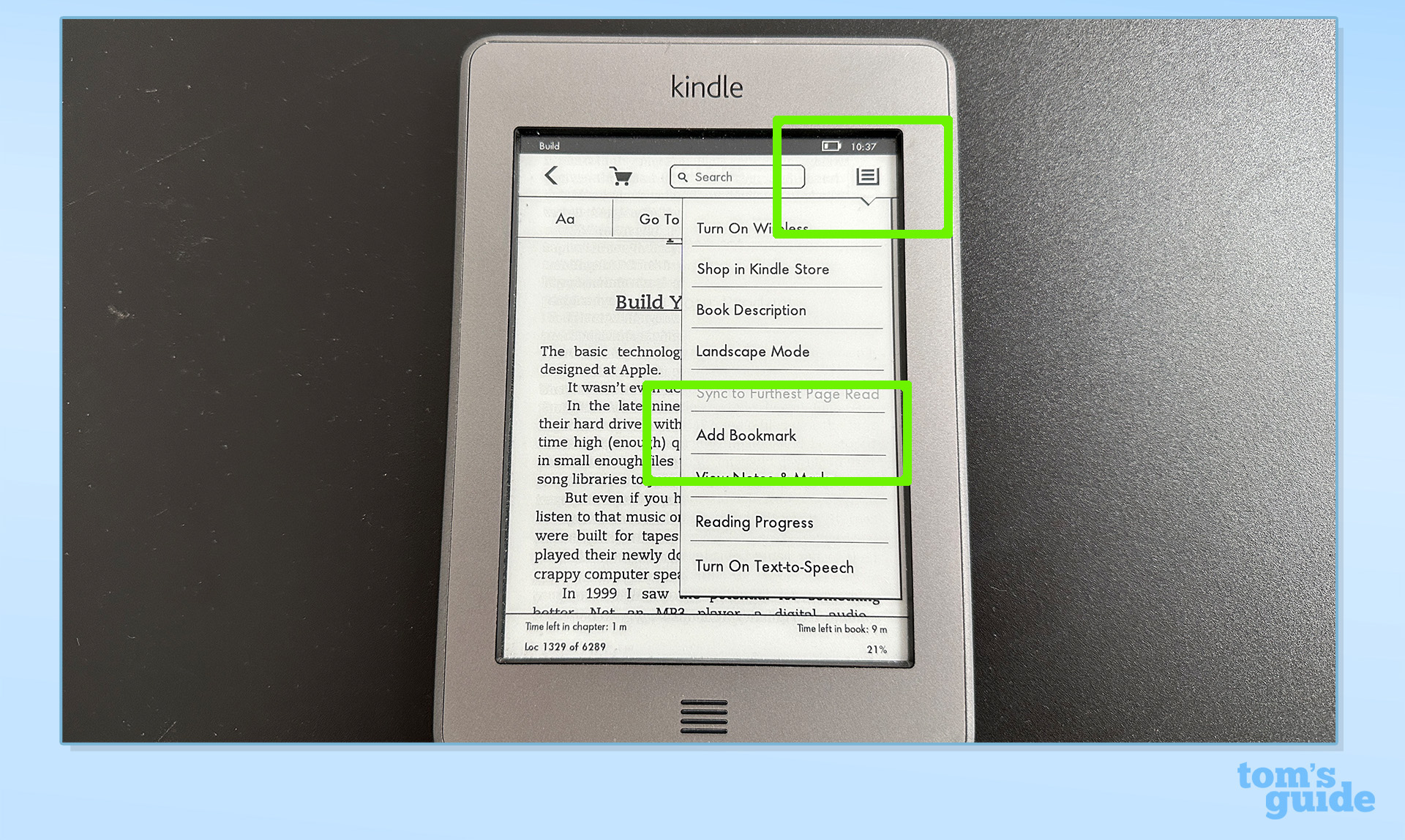 Kindle открывается на странице с раскрывающимся меню параметров.