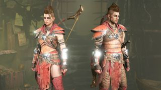 Two Diablo 4 rogues in red armor standing next to each other.