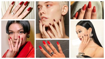 collage of moody red nail trend