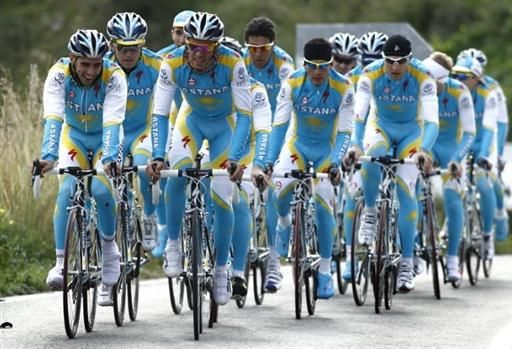 Alberto Contador spends some time at the front during a training ride in Calpe, Spain.