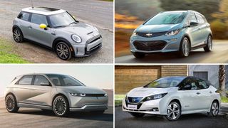 Mini se electric, Nissan leaf, Hyundai ionoq 5 and chevy bolt in four square format