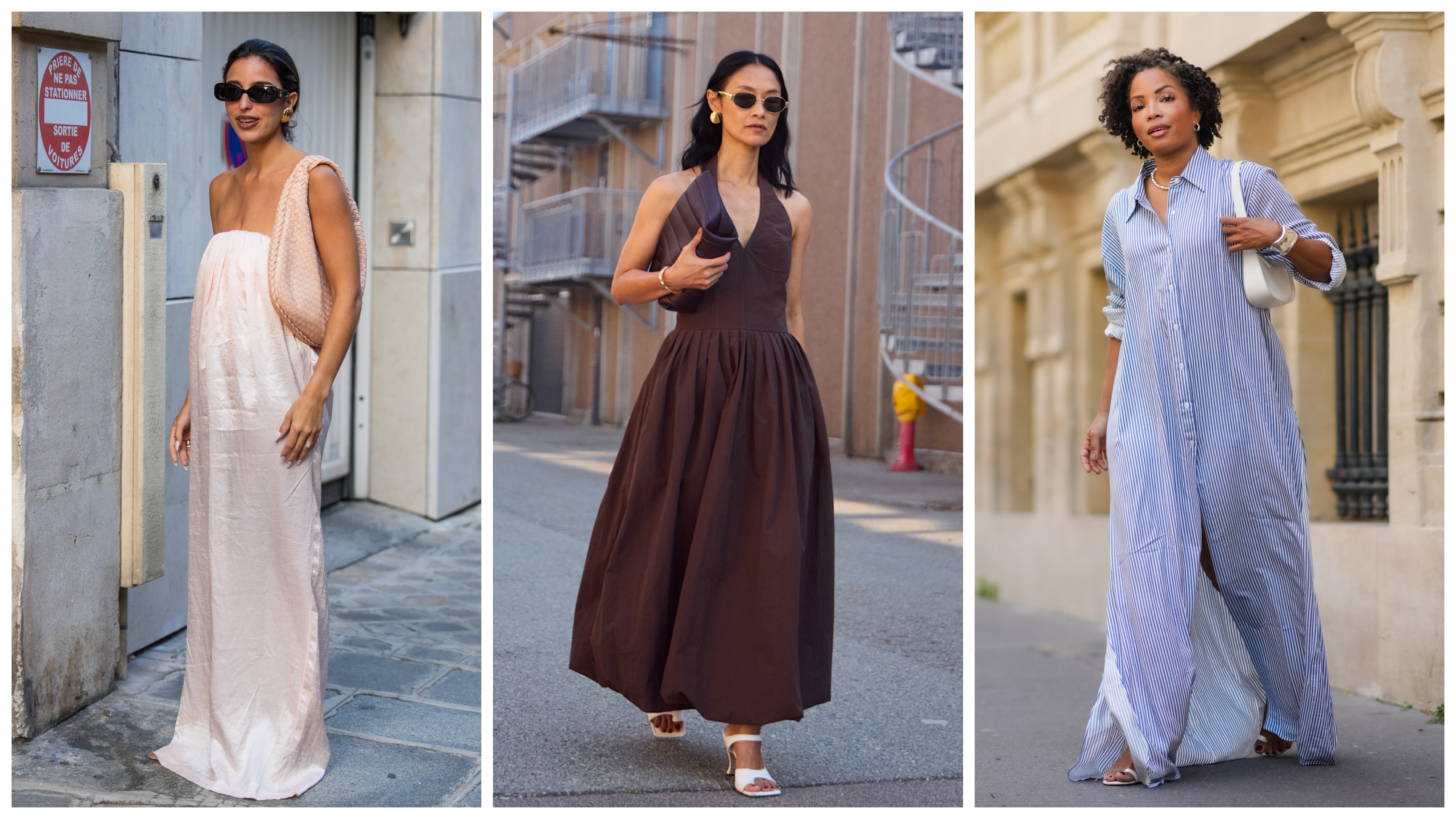 collage of women wearing linen dresses