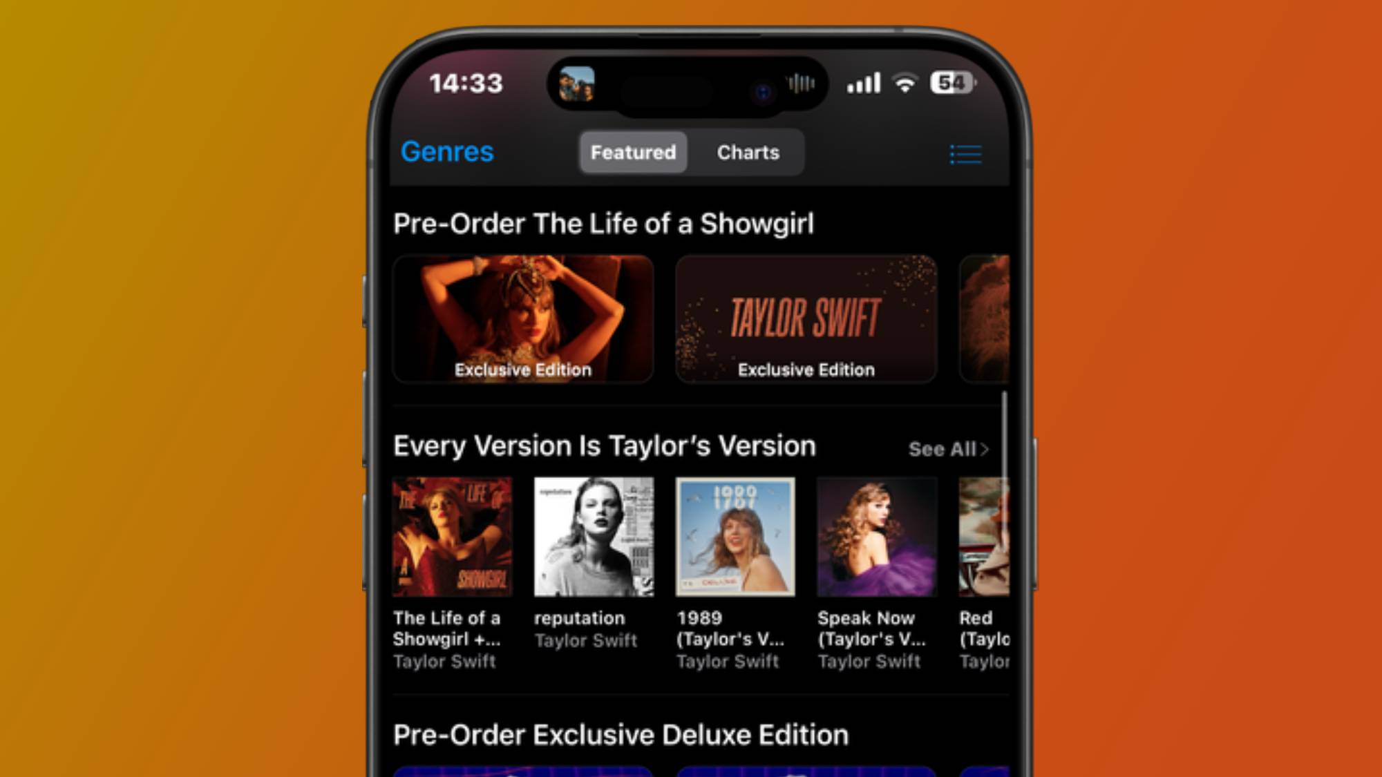 An iPhone showing the iTunes homepage with Taylor Swift&#039;s new album, The Life of a Showgirl, for pre-order